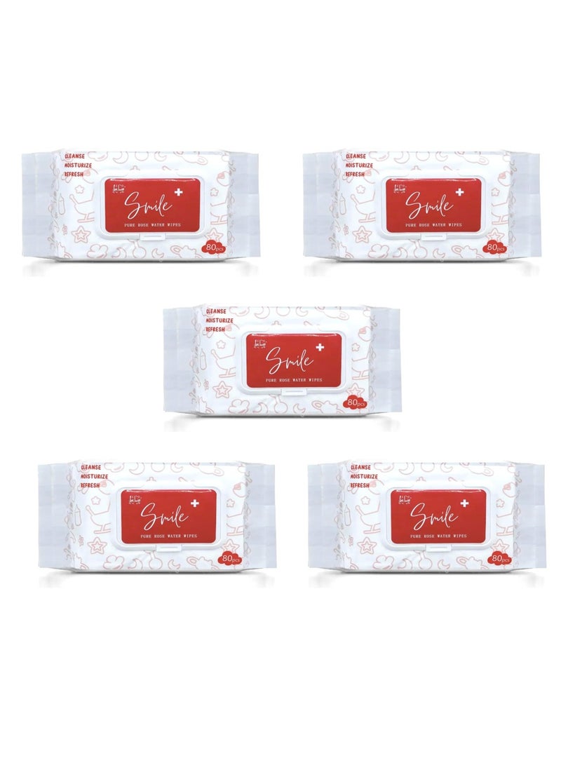 smileplus Pure Rose Water Tissue 80's Wipes Pack of 5 - Image 1
