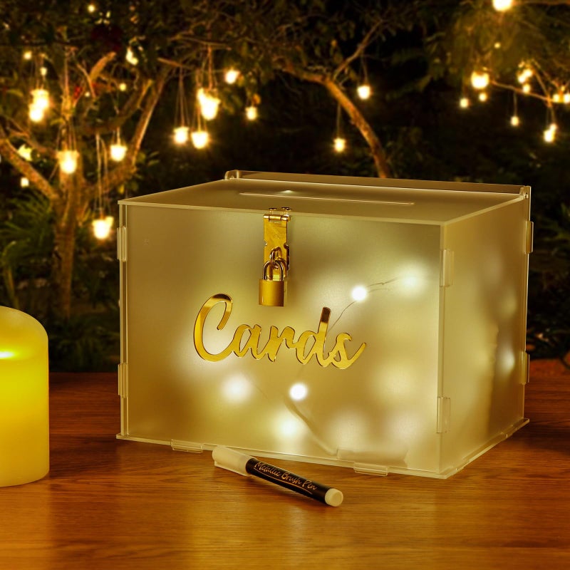 OurWarm Frosted Acrylic Gift Box with Lock, Wedding Reception String Light and Pen, Envelope Money Card Box for Party, Graduation, Baby Shower, Birthday Decorations - Image 2