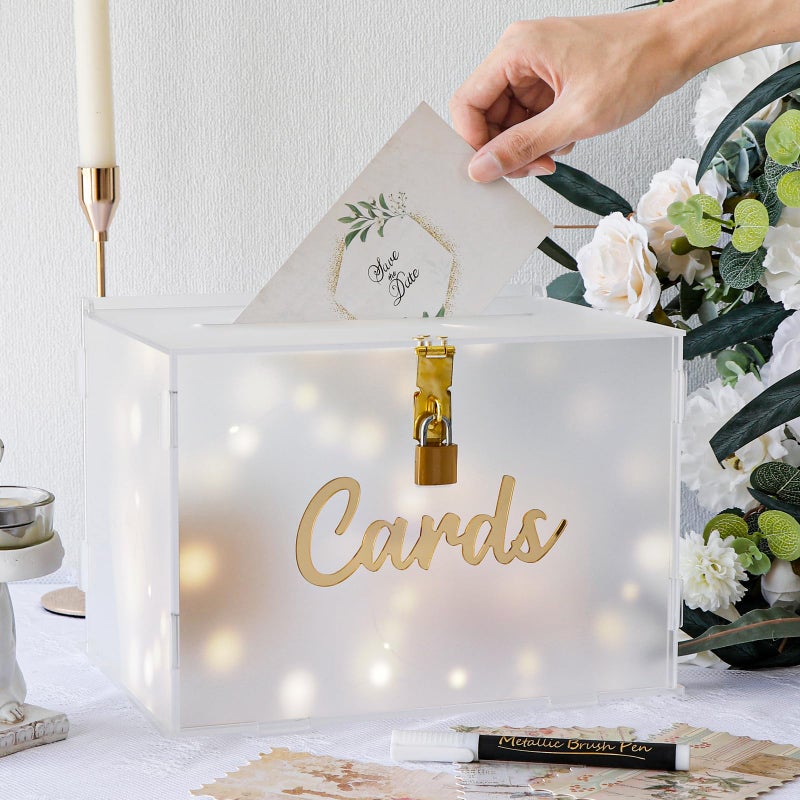 OurWarm Frosted Acrylic Gift Box with Lock, Wedding Reception String Light and Pen, Envelope Money Card Box for Party, Graduation, Baby Shower, Birthday Decorations - Image 1