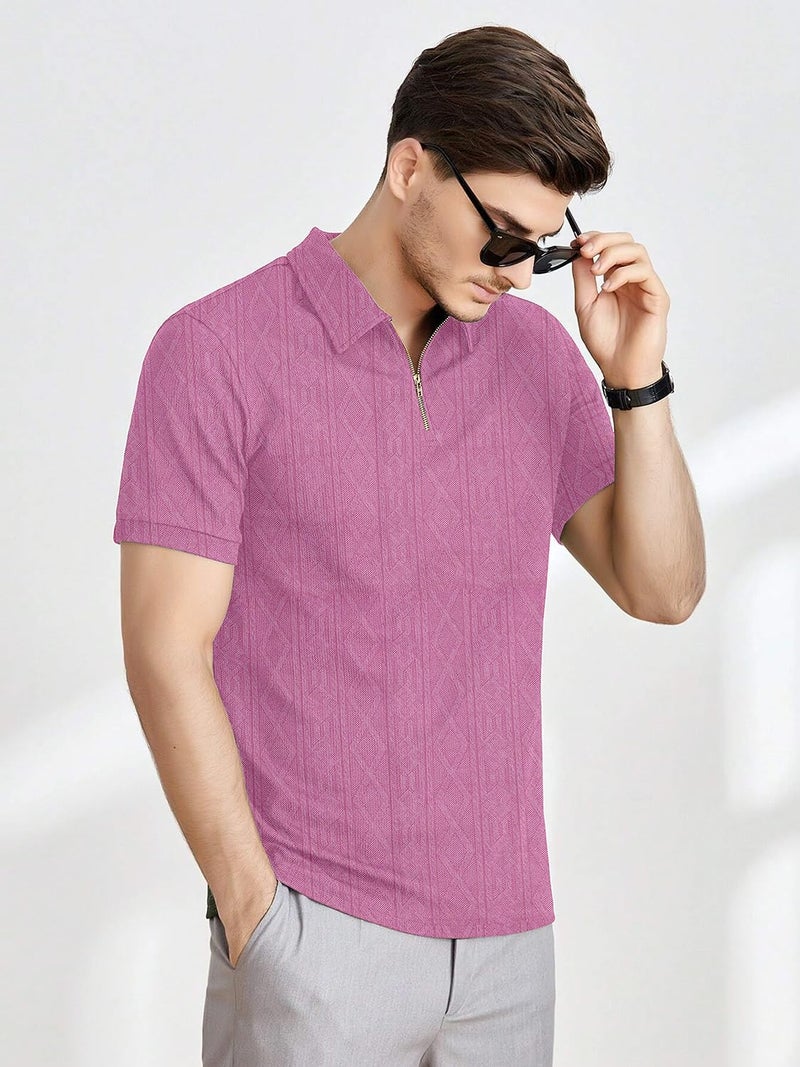 KAJARU Men's Polyester Blend t Shirt with Zip Regular Fit Short Sleeves Polo Collar Solid Pattern and Standard Length - Image 3