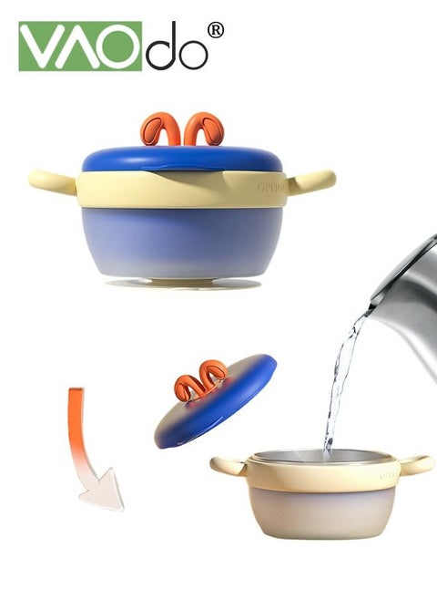 Baby Feeding Bowl Anti-scald Stainless Water for Toddlers Serving Bowls Practical Anti-fall Steel with Lid Inject Hot Water to Change Color Bowls Blue