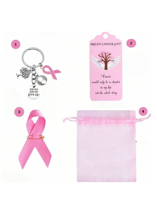 Breast Cancer Awareness Set – 4-Piece Collection Including a Pink Organza Bag, Pink Ribbon Keychain, Motivational Message, and Satin Pink Ribbon Brooch with Pin – Ideal for Distribution in Schools, Hospitals, or as a Gift for Survivors and to Support Breast Cancer Fighters. - Image 1