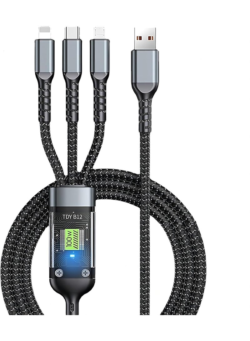777 كابل شحن 3 في 1 – شحن سريع 100 واط – USB إلى Type-C وLightning وMicro USB – نايلون مجدول –1. متر - Image 1