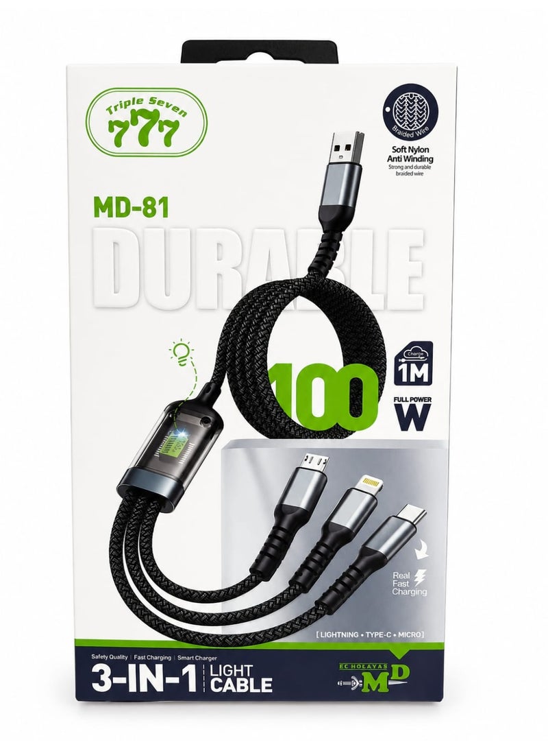 777 كابل شحن 3 في 1 – شحن سريع 100 واط – USB إلى Type-C وLightning وMicro USB – نايلون مجدول –1. متر - Image 2