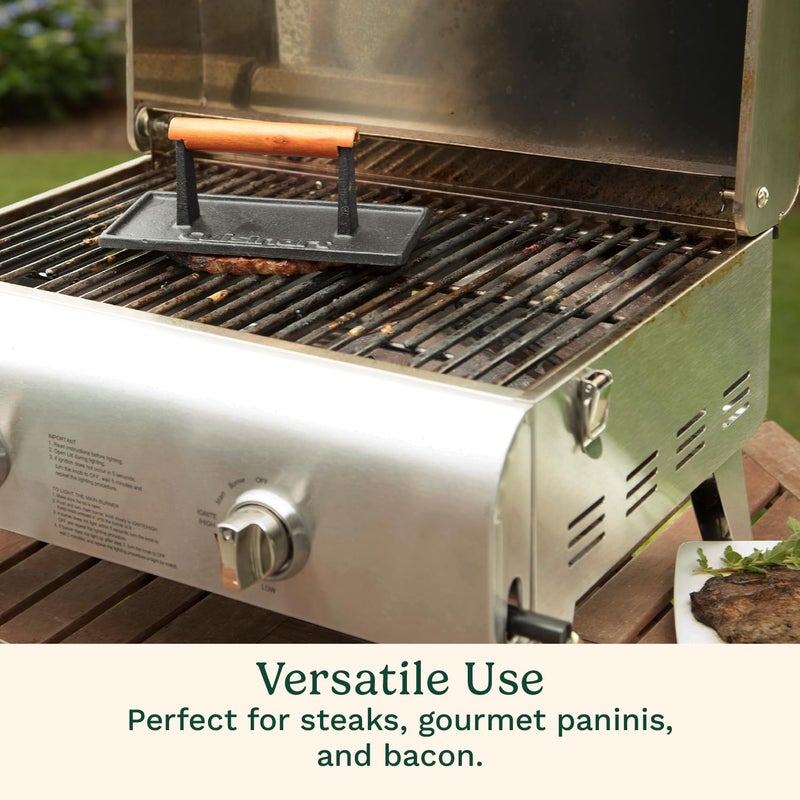 Cuisinart Cast Iron Grill Press with Wooden Handle, Heavy Duty Nonstick Rectangle Burger Press with Wood Handle, Perfect Grill Accessory for Steak, Bacon, Paninis and More - Image 3