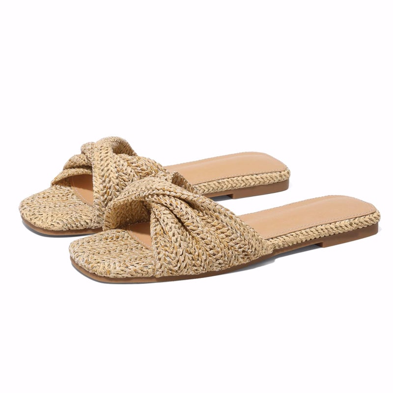 EQAUDES Women's Summer Low Heels Straw Slides Rattan Braided Open-toe Mule Sandals - Slip-on, Casual, Dressy, Vacation, Wedding, Casual, Boho - Image 1