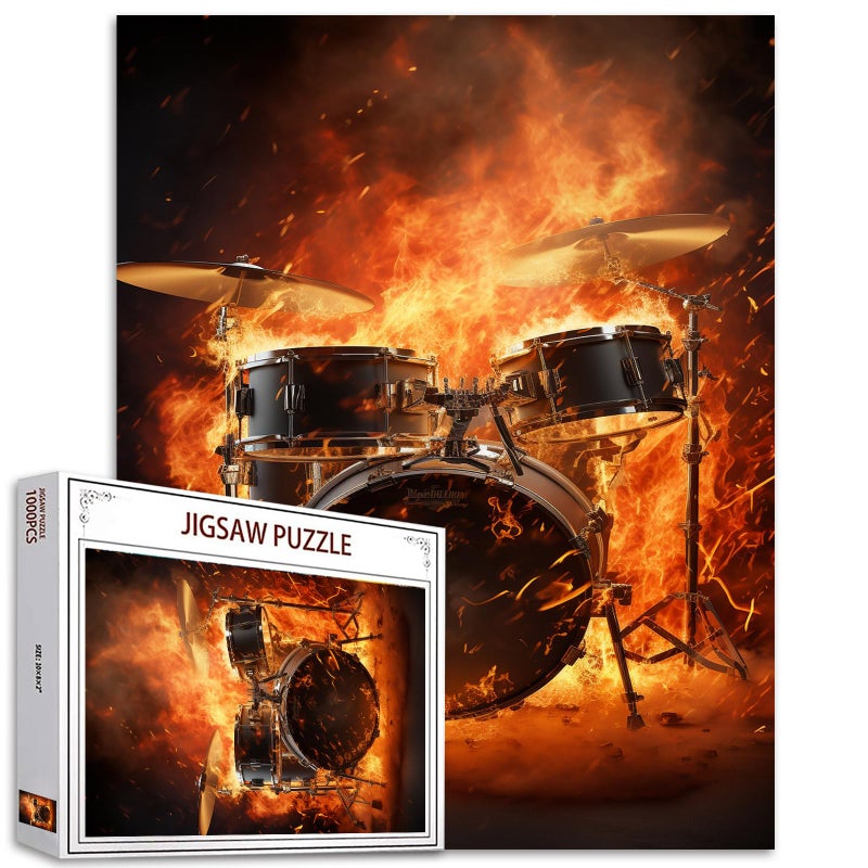 Tucocoo Flaming Instrument Jigsaw Puzzles for Adults 1000 PiecesRock and Roll Jazz Drum Kit Jigsaw Puzzle Art 20 x 27 Inches Colorful DIY Puzzles for Home Decoration Family Puzzle Perfect for Game Nights - Image 3
