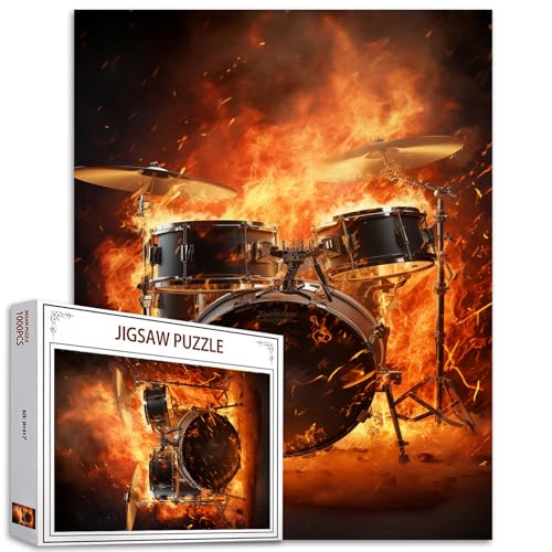 Tucocoo Flaming Instrument Jigsaw Puzzles for Adults 1000 PiecesRock and Roll Jazz Drum Kit Jigsaw Puzzle Art 20 x 27 Inches Colorful DIY Puzzles for Home Decoration Family Puzzle Perfect for Game Nights - Image 1
