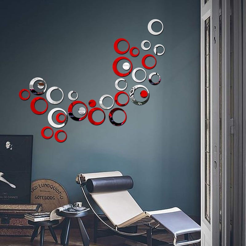Bikri Kendra Bikri Kendra 24 Ring 12 Silver 12 Red 3D Acrylic Decorative Mirror Wall Stickers