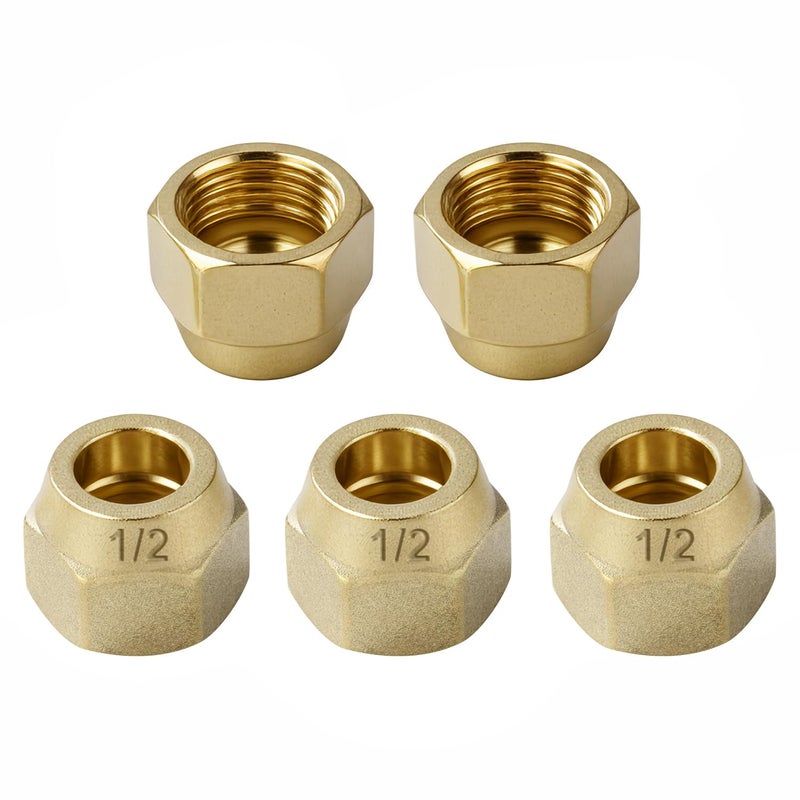 A.I.FORCE Premium Brass Flare Nut Set - SAE 45° Flare Tube Fittings for Air Conditioning & Copper Pipe Extension Butt (1/2", 5 Pack) - Image 1