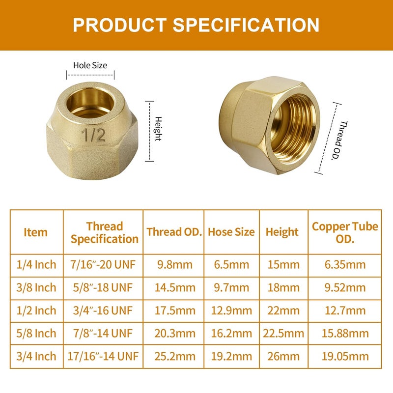 A.I.FORCE Premium Brass Flare Nut Set - SAE 45° Flare Tube Fittings for Air Conditioning & Copper Pipe Extension Butt (1/2", 5 Pack) - Image 4
