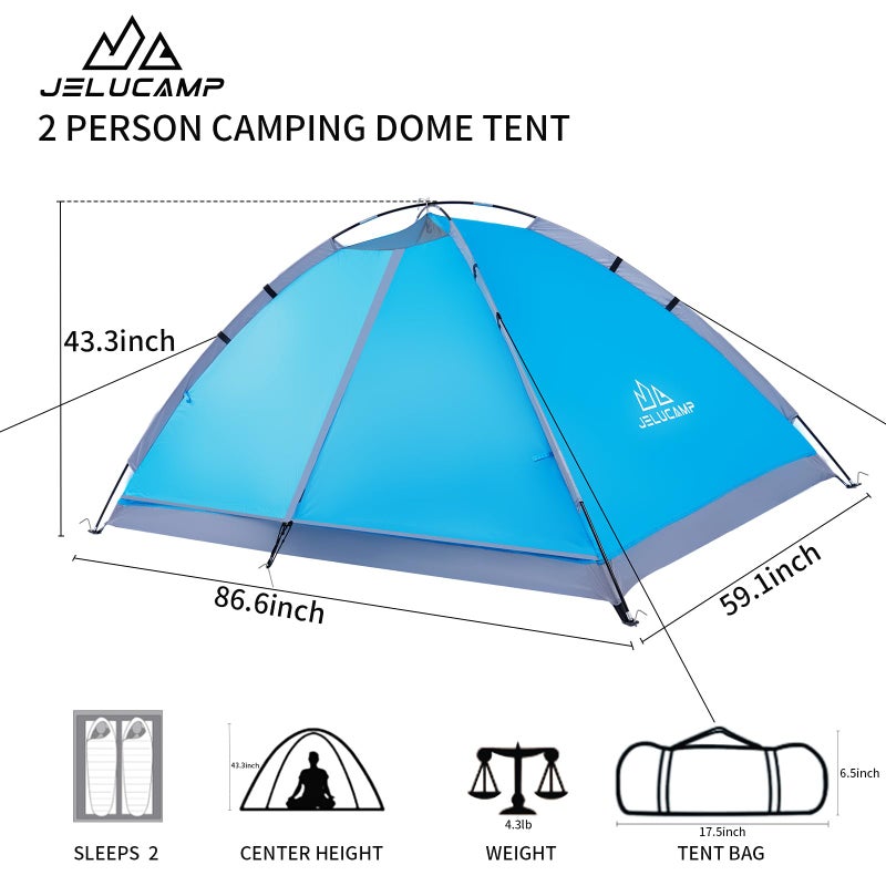 JELUCAMP 1/2 Person Dome Tents for Camping, Lightweight Portable Single Backpacking Tent, Small Easy Setup Outdoor Waterproof Camping Hiking Tent for Adults, 2 Person Tent, Blue - Image 2