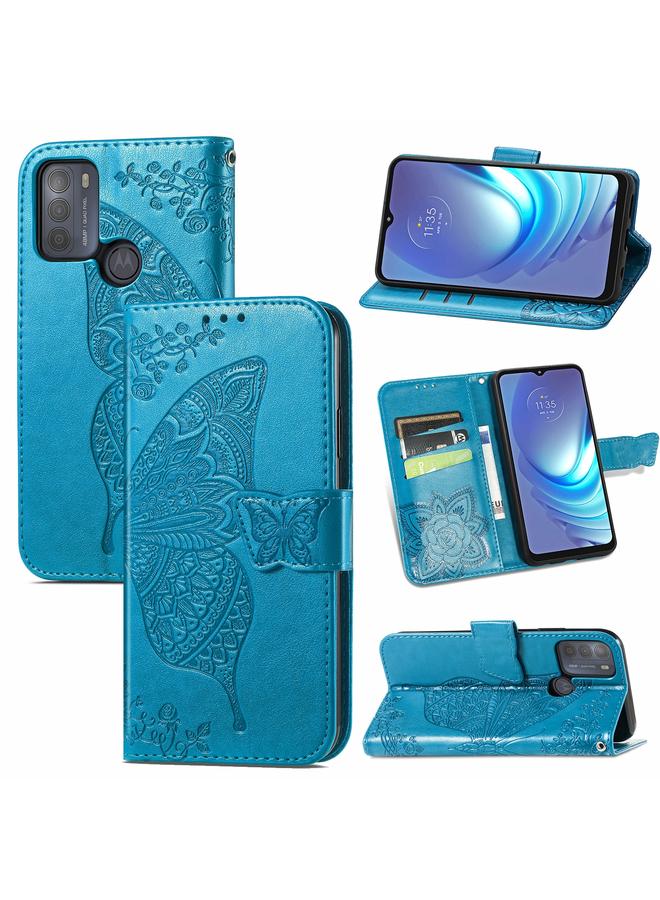 اس-توب جراب لهاتف Motorola Moto G50، جراب جلدي أفقي قابل للطي، مزخرف بنقشة زهور الفراشة، مع حامل وفتحات للبطاقات ومحفظة وحبل تثبيت - Image 1