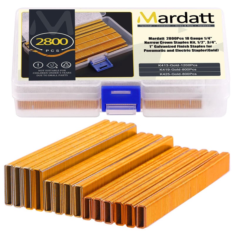 Mardatt 2800 Pcs 18 Gauge Narrow Crown Staples 12 34 1 Galvanized Finish Heavy Duty Narrow Staples for Pneumatic or Electric Stapler Gold - Image 2