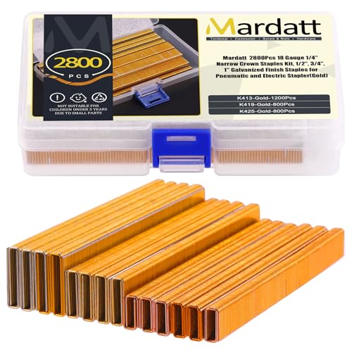 Mardatt 2800 Pcs 18 Gauge Narrow Crown Staples 12 34 1 Galvanized Finish Heavy Duty Narrow Staples for Pneumatic or Electric Stapler Gold - Image 1