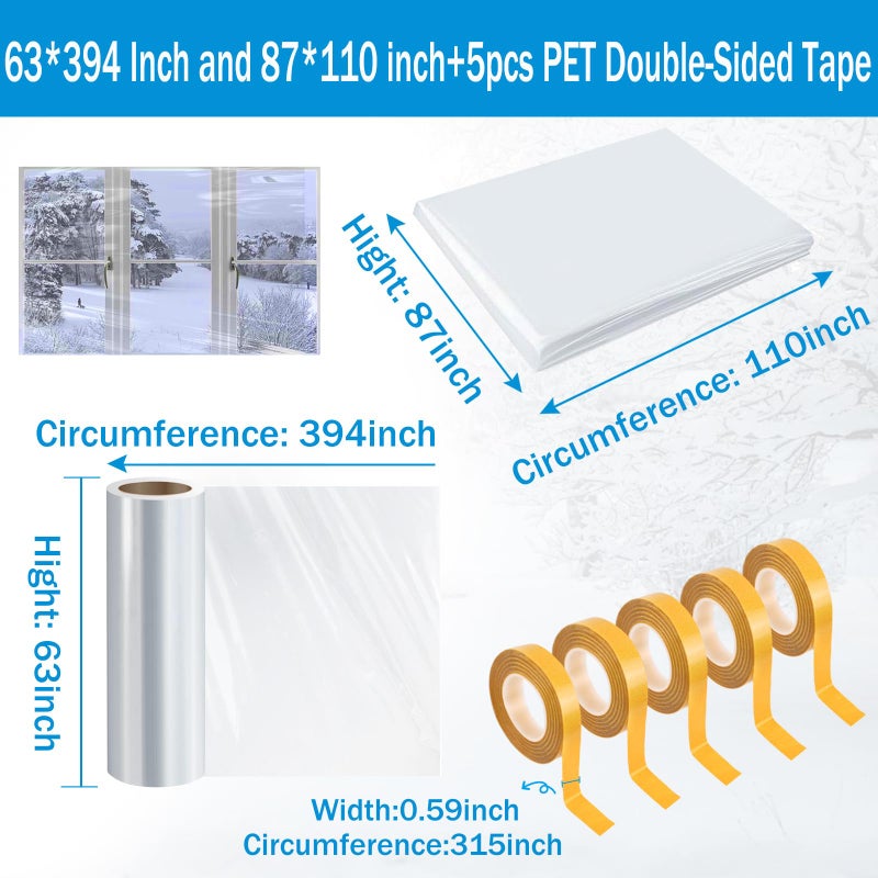 RGJ Window Insulation Kit, 63 Ã— 394 Inch and 87 x 110 inch Plastic Window Covering for Winter, Window Insulation Film Window Wrap Insulation Windows Winterizing Kit with Double-Sided Tape - Image 2