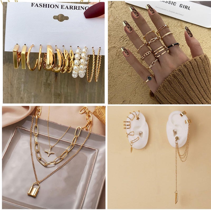 CONGYING 65 Pcs Gold Jewelry Set with Layered Necklaces, Anklets, Earrings, and Rings for Women and Girls - Image 4
