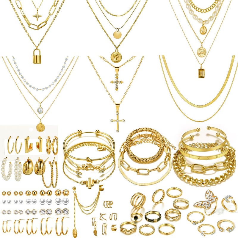 CONGYING 65 Pcs Gold Jewelry Set with Layered Necklaces, Anklets, Earrings, and Rings for Women and Girls - Image 1