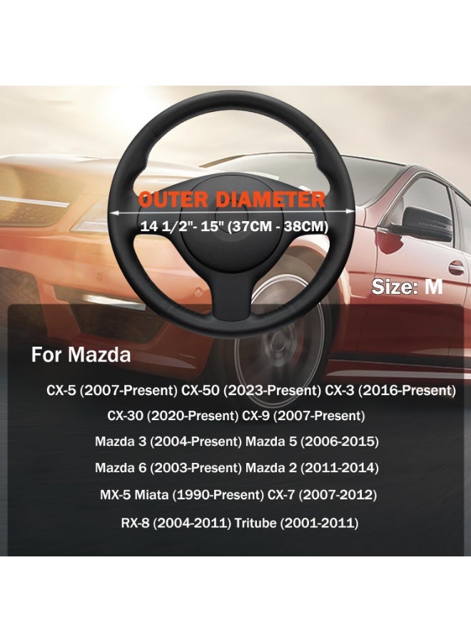 غطاء عجلة قيادة السيارة لموديلات Mazda CX5/CX-5 CX50/CX-50 CX3/CX-3 CX30/CX-30 CX9/CX-9 Mazda 3 Mazda 5 Mazda 6 MX-5 Miata CX-7 RX-8 GS GT Sport Touring، إكسسوارات، 2024 جلد أسود مقاس 14.5"-15" - Image 2