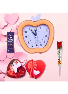 GIFT LV Valentines Day Gift Set with Apple Clock Heart Box Artificial Rose Teddy Bear and Chocolate Bar 