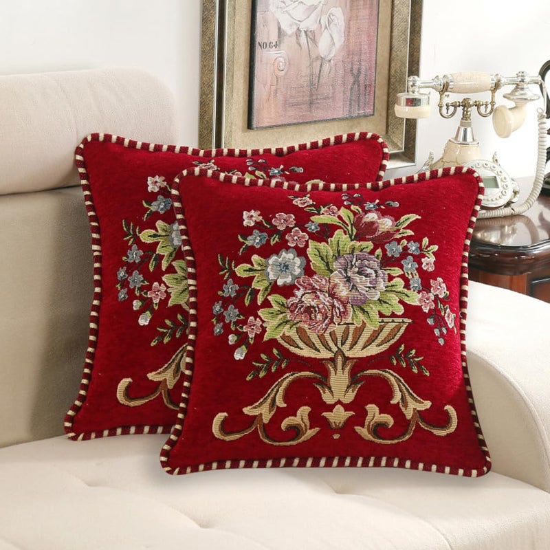 Qupace Set of 2 Red Vintage Embroidered Throw Pillows Covers 18x18in Sofa Couch,Red Floral Embroidered Cushion Cover for Sofa Bed Chairs Car - Image 1