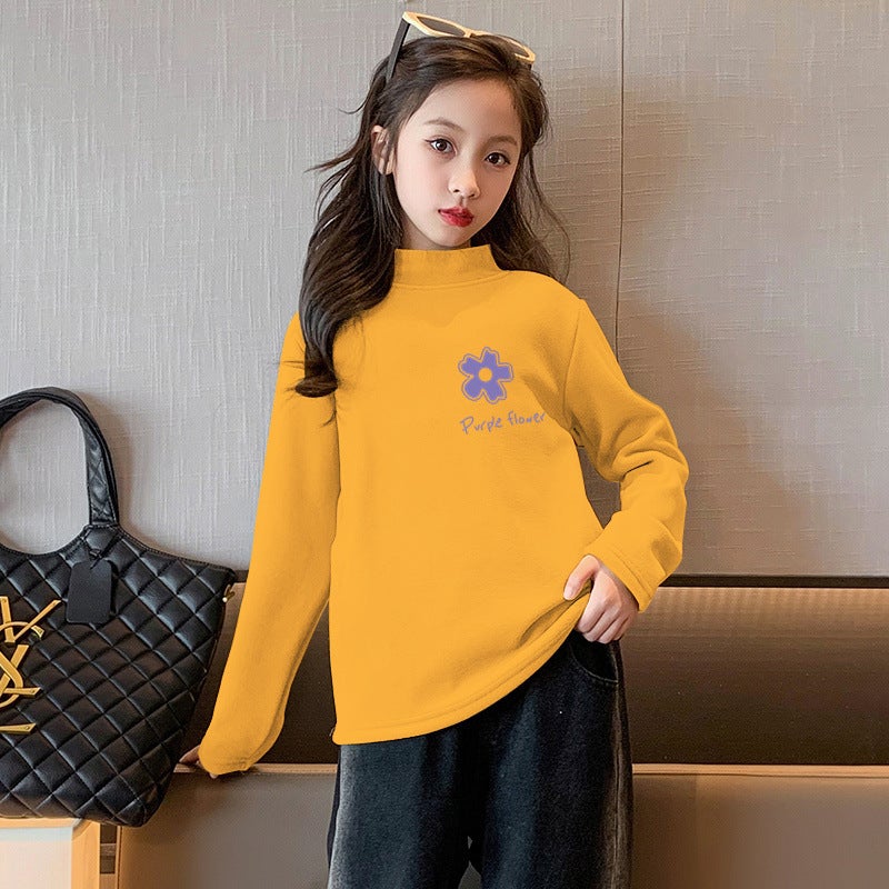 Y2329# Children'S Semi-High Collar Base Shirt Fleece-Lined Warm Long Sleeve T-Shirt For Boys And Girls - Image 1