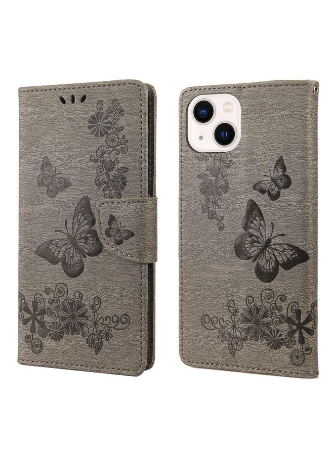 اس-توب جراب هاتف iPhone 14 Plus من الجلد المنقوش بشكل فراشة مع قلاب أفقي - Image 1