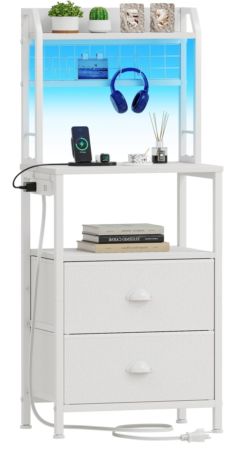 Furologee 40 Tall Nightstand with Charging Station Bedside Table with LED Lights End Table with 2 Drawers and Storage Shelves Night Stand with Pegboard for Bedroom White
