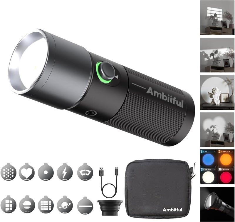 AMBITFUL RGB LED Photography Flashlight, 10W Portable LED Video Spotlight with 4 Colors, 10 Gobos, 8400mAh Aluminum Alloy Rechargeable Fill Light for Photo, Video, Content Creation - Image 1