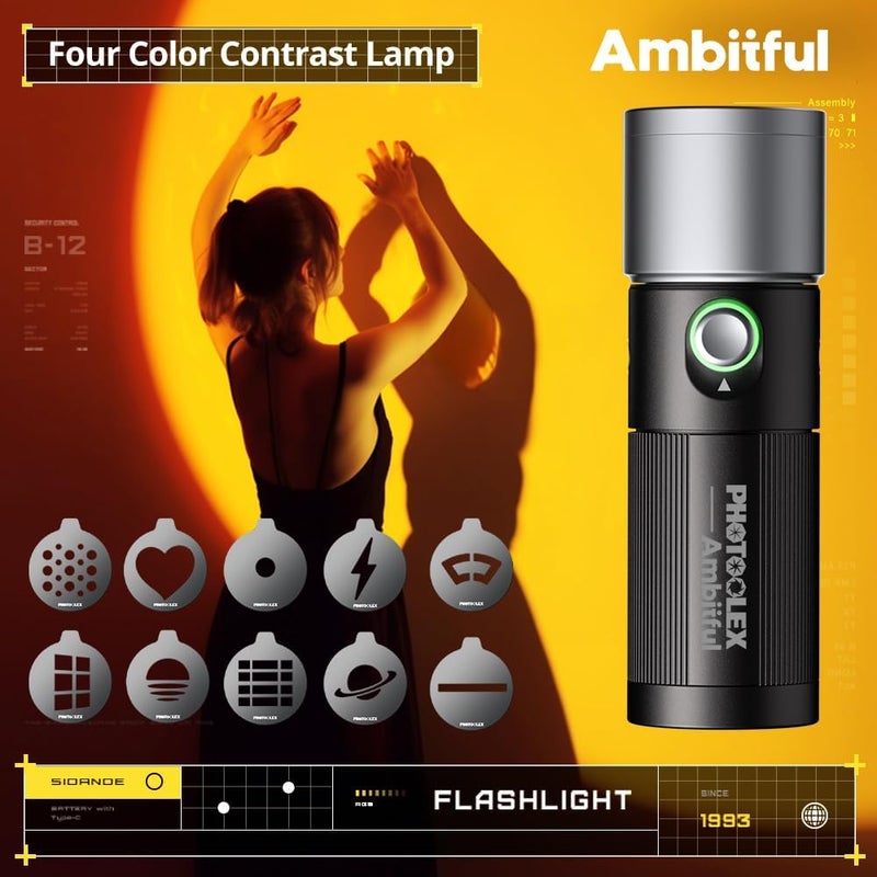 AMBITFUL RGB LED Photography Flashlight, 10W Portable LED Video Spotlight with 4 Colors, 10 Gobos, 8400mAh Aluminum Alloy Rechargeable Fill Light for Photo, Video, Content Creation - Image 2