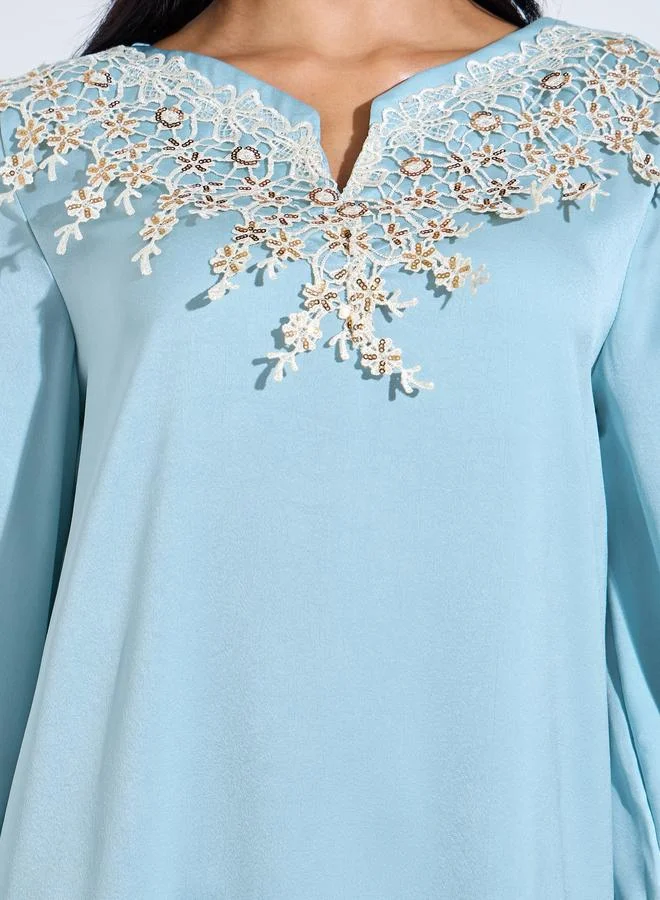 Styli Blue Blue Lace Patchwork A-Line Jalabiya for Women | Best Price UAE