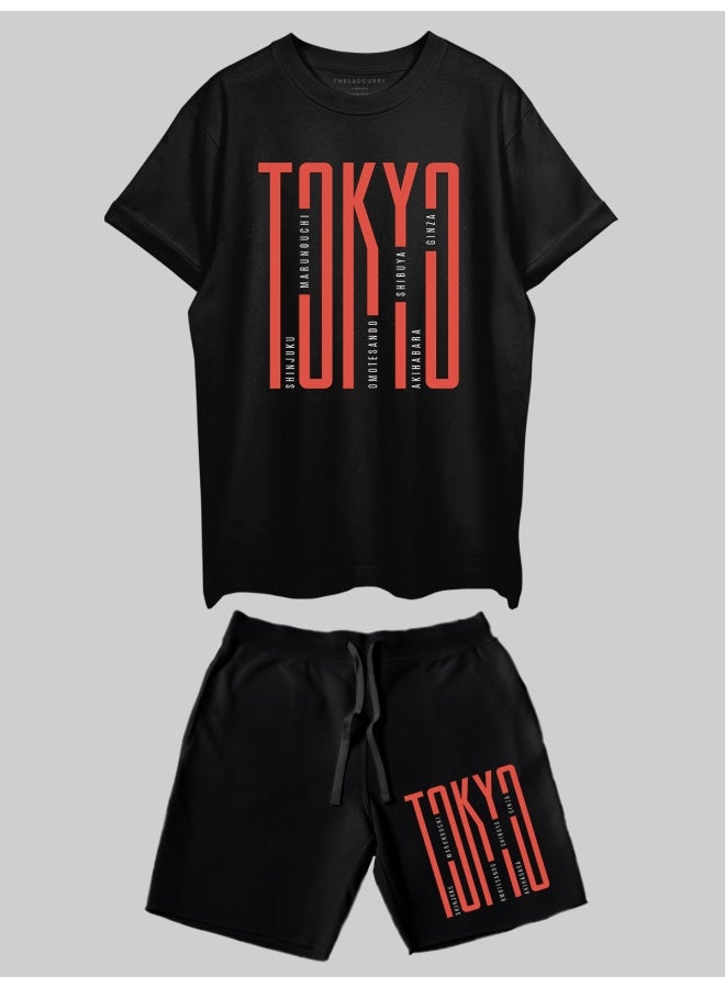 THREADCURRY طقم THREADCURRY Tokyo المطبوع للرجال - تي شيرت كبير الحجم بأكمام نصفية وشورت  - Image 1