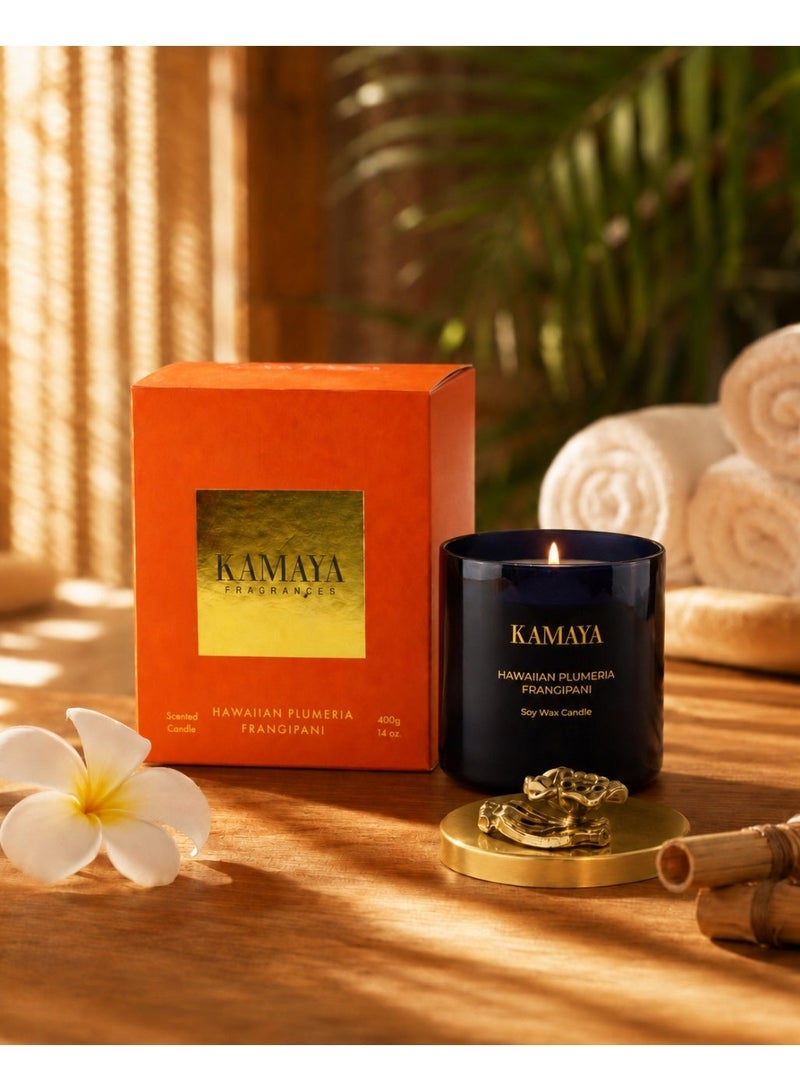 KAMAYA 3 wick scented jar Soy wax candle with Handmade lid with a metal motif from Blossom Caboodle -400 gms | Floral frangipani fragrance | In a beautiful bright color gift box | Perfect for gifting on occasions - Image 1