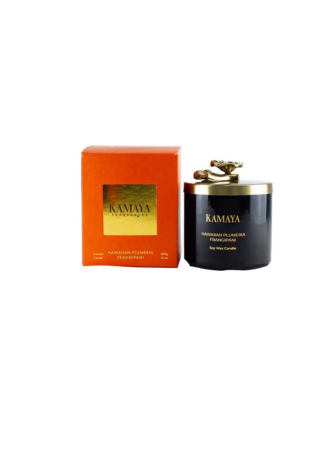 KAMAYA 3 wick scented jar Soy wax candle with Handmade lid with a metal motif from Blossom Caboodle -400 gms | Floral frangipani fragrance | In a beautiful bright color gift box | Perfect for gifting on occasions - Image 2