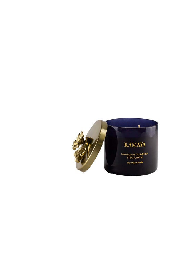 KAMAYA 3 wick scented jar Soy wax candle with Handmade lid with a metal motif from Blossom Caboodle -400 gms | Floral frangipani fragrance | In a beautiful bright color gift box | Perfect for gifting on occasions - Image 3