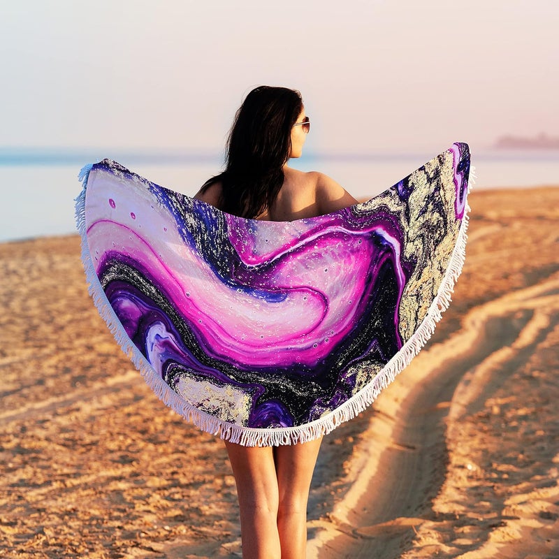 Violet Mist Purple Quicksand Round Beach Towels Oversized Soft Microfiber Large Sand Free Water Absorbent Beach Blanket Throw Circle Swim Pool Picnic Towel Table Meditation Rug with Tassels 60 inch - Image 1