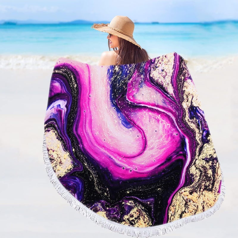 Violet Mist Purple Quicksand Round Beach Towels Oversized Soft Microfiber Large Sand Free Water Absorbent Beach Blanket Throw Circle Swim Pool Picnic Towel Table Meditation Rug with Tassels 60 inch - Image 2