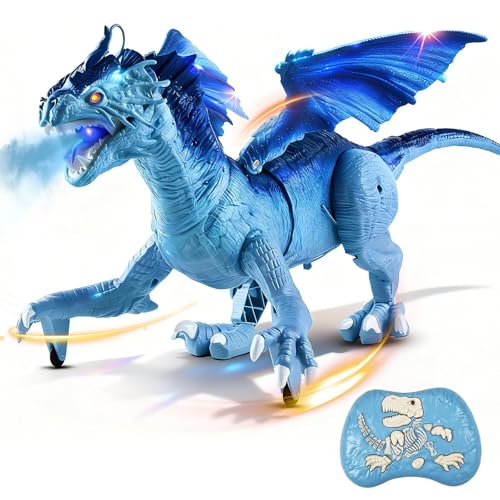 TALGIC Remote Control Dragon Dragon for Kids with Spraying Roaring Swaying Head Wings LightUp Interactive Robot Dinosaur Toys for Boys and Girls Blue - Image 1