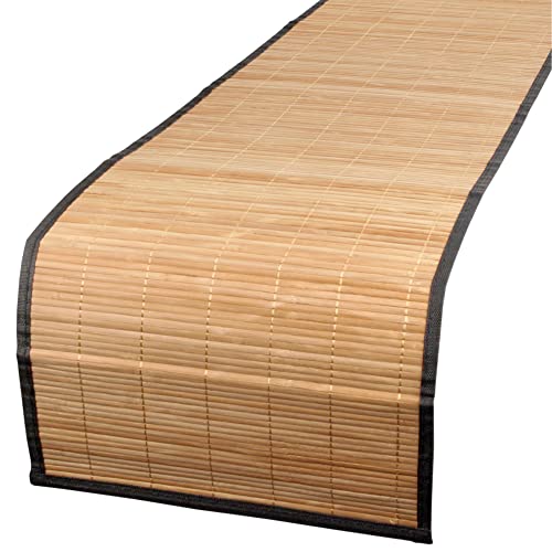 BambooMN Natural Brown Slat Bamboo Table Runner with Fabric Border, Home Décor, Brown w/ Black Border - 1 Piece - Image 2