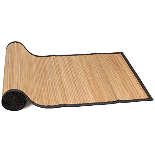 BambooMN Natural Brown Slat Bamboo Table Runner with Fabric Border, Home Décor, Brown w/ Black Border - 1 Piece - Image 1
