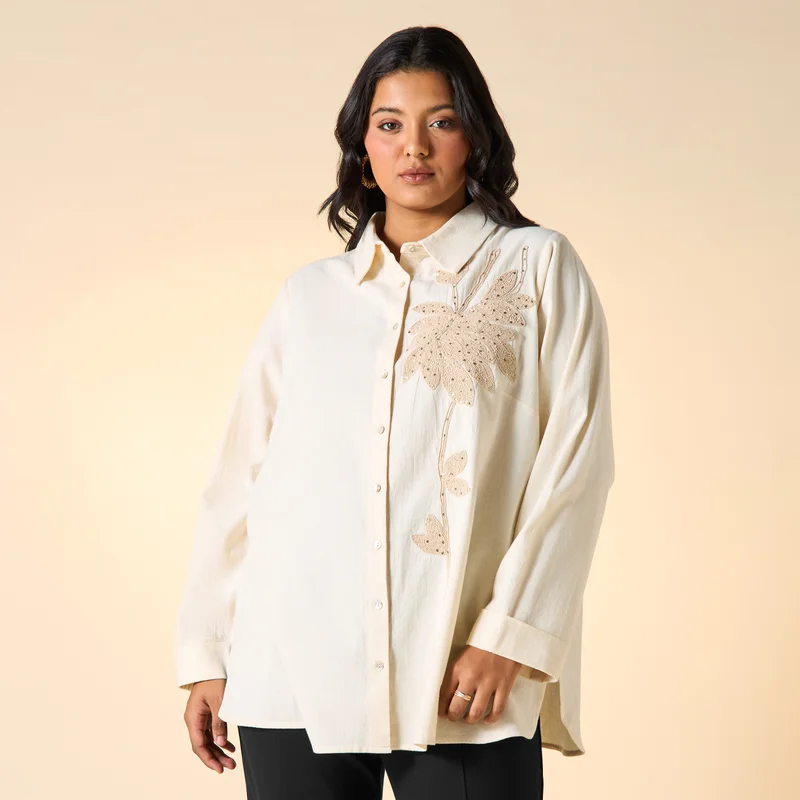  أولا بوبكن Plus Size Ulla Popken Embroidered Shirt with Collar and Long Sleeves
