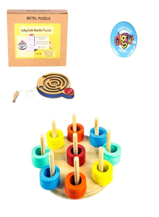 Techny Birds Technybirds Wooden Beetle Maze Puzzle, Wooden Ring Sorter, and Badge Combo | Educational Toys for Kids | Montessori Learning Toys | Problem-Solving | Shape and Color Recognition - Image 1
