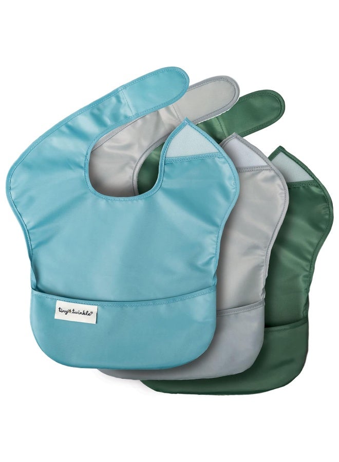 Tiny Twinkle Mess Proof Baby Bibs for Eating - Waterproof, Wipeable Bibs - Toddler Bibs - Travel Friendly - PFAS, PVC, BPA, Phthalate Free - Baby Food Bibs (3 Pack,Slate, Olive) - Image 1