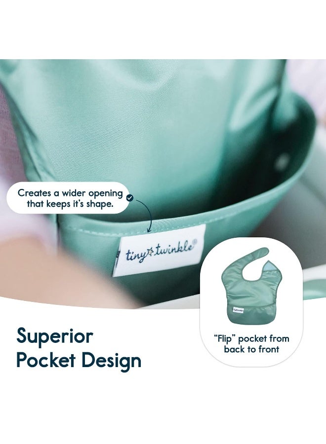 Tiny Twinkle Mess Proof Baby Bibs for Eating - Waterproof, Wipeable Bibs - Toddler Bibs - Travel Friendly - PFAS, PVC, BPA, Phthalate Free - Baby Food Bibs (3 Pack,Slate, Olive) - Image 5