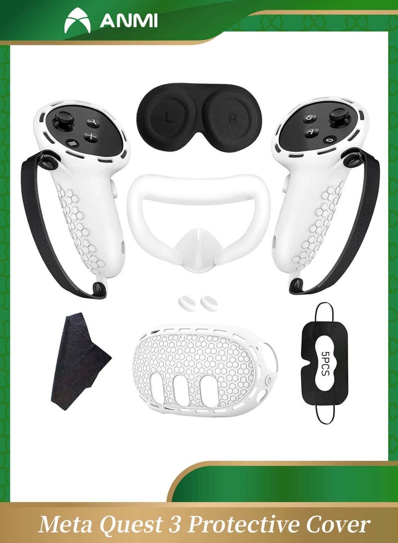 Anmi Protective Cover for Oculus/Meta Quest 3 Accessories, Silicone Controllers Grip Cover Protector, Soft Shell Skin with Face Cover and Lens Cover (White) - Image 1