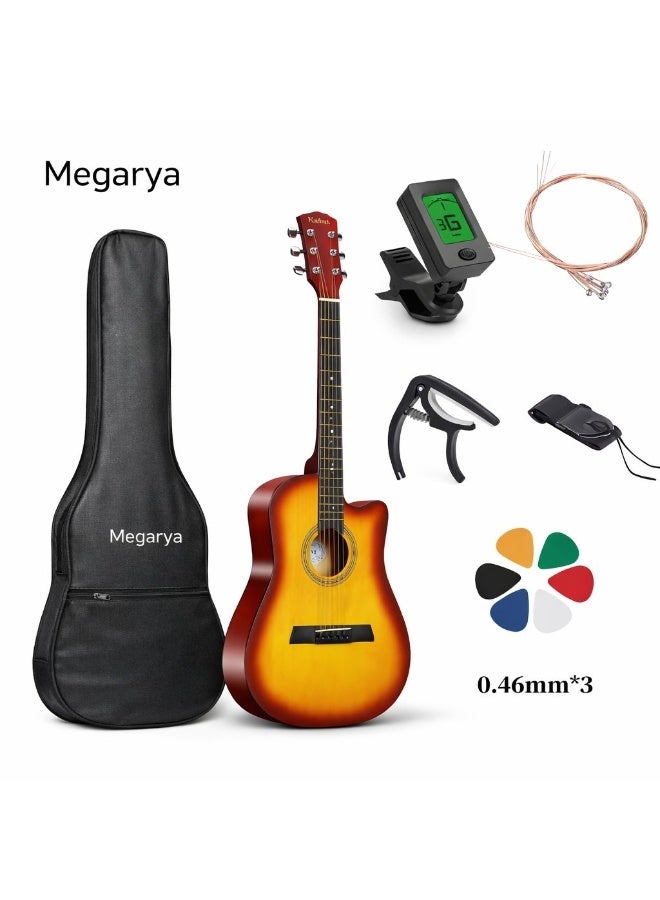 Megarya 38 Inch Acoustic Guitar Set for Beginner Students |Sunbrust Finish | Guitar Combo with Tuner, Strings, Capo, Strap, Picks & Carry Bag