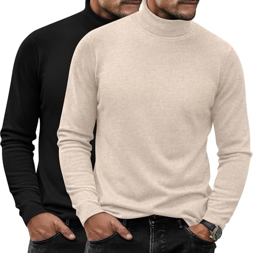 Ficerd 2 Pack Mens Turtle Neck Shirts Lightweight Cotton Pullover Sweater Slim Fit Mock Turtleneck Knitted Long Sleeve Tops Black ApricotMedium - Image 1
