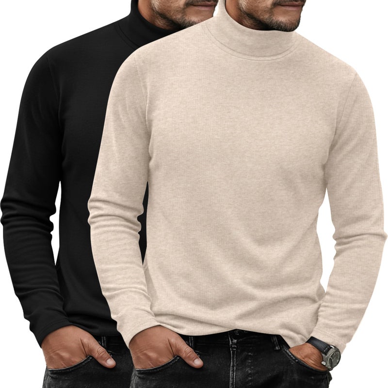 Ficerd 2 Pack Mens Turtle Neck Shirts Lightweight Cotton Pullover Sweater Slim Fit Mock Turtleneck Knitted Long Sleeve Tops Black ApricotMedium - Image 2