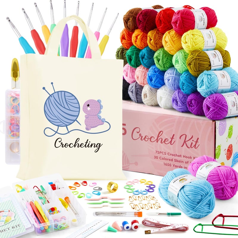 INSCRAFT Crochet Kit for Beginners Adults 30 Acrylic Yarn Skeins 1650 Yards Yarn 105 PCS Crochet Kit with Hooks Yarn Setincludes Canvas Tote Bag Ideal Starter Pack for Kids Professionals