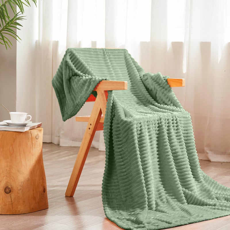 Vessia Flannel Fleece Throw Blanket  300GSM Cozy Sage Green Striped Throw Blanket for Couch  Sofa and Bed  Warm and Soft Cozy Green Microfiber Ribbed Blanket for All Season(50x40inch) - Image 1